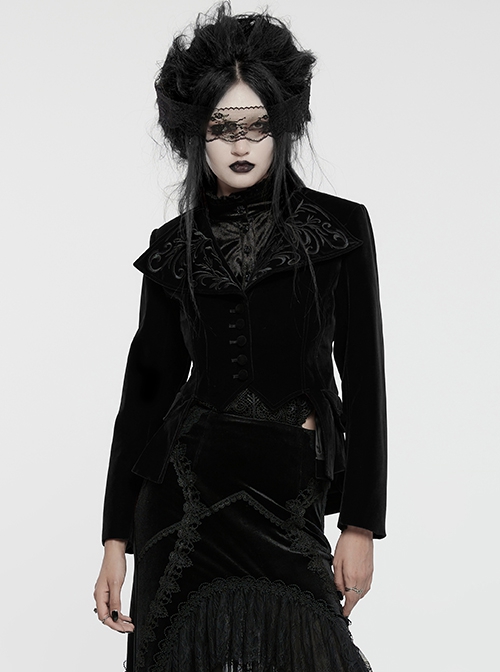 Black Exquisite Embroidered Weft Velvet Front Center Lapel Retro Design Gothic Style Drawstring Long Sleeve Coat