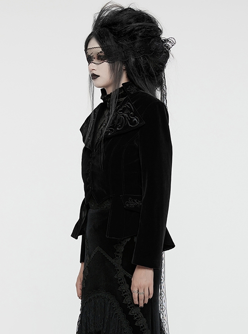 Black Exquisite Embroidered Weft Velvet Front Center Lapel Retro Design Gothic Style Drawstring Long Sleeve Coat