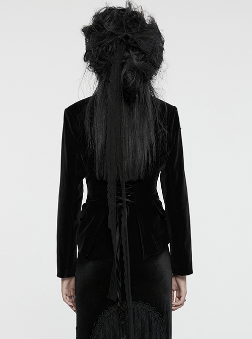 Black Exquisite Embroidered Weft Velvet Front Center Lapel Retro Design Gothic Style Drawstring Long Sleeve Coat