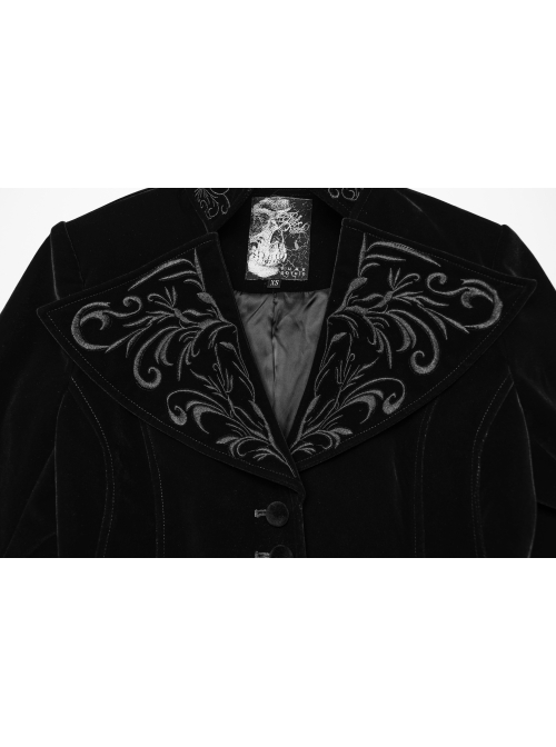 Black Exquisite Embroidered Weft Velvet Front Center Lapel Retro Design Gothic Style Drawstring Long Sleeve Coat
