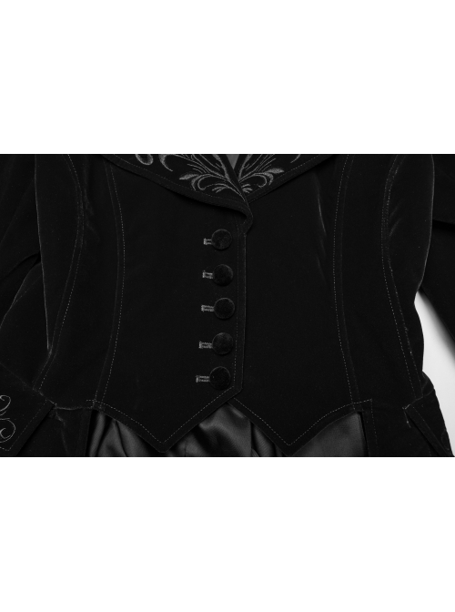 Black Exquisite Embroidered Weft Velvet Front Center Lapel Retro Design Gothic Style Drawstring Long Sleeve Coat