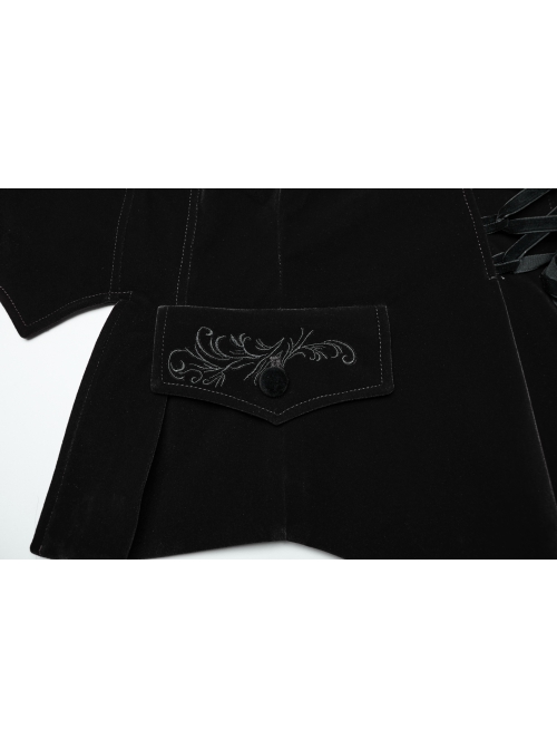 Black Exquisite Embroidered Weft Velvet Front Center Lapel Retro Design Gothic Style Drawstring Long Sleeve Coat