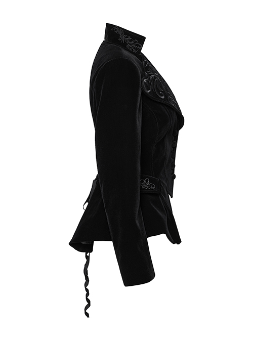 Black Exquisite Embroidered Weft Velvet Front Center Lapel Retro Design Gothic Style Drawstring Long Sleeve Coat