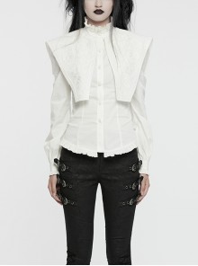 White Vintage Stretch Twill Woven Front Center Three Dimensional Flocking Lace Shawl With Rose Button Gothic Style Wide Shoulder Long Sleeve Shirt