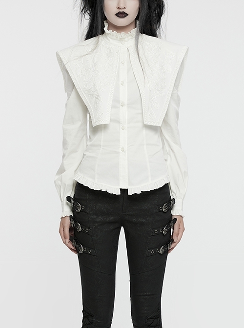White Vintage Stretch Twill Woven Front Center Three Dimensional Flocking Lace Shawl With Rose Button Gothic Style Wide Shoulder Long Sleeve Shirt