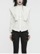 White Vintage Stretch Twill Woven Front Center Three Dimensional Flocking Lace Shawl With Rose Button Gothic Style Wide Shoulder Long Sleeve Shirt