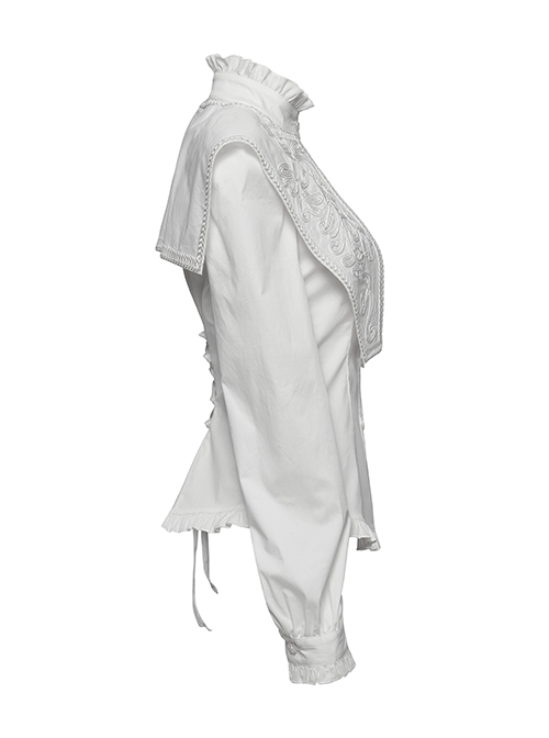 White Vintage Stretch Twill Woven Front Center Three Dimensional Flocking Lace Shawl With Rose Button Gothic Style Wide Shoulder Long Sleeve Shirt