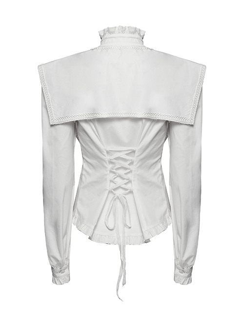White Vintage Stretch Twill Woven Front Center Three Dimensional Flocking Lace Shawl With Rose Button Gothic Style Wide Shoulder Long Sleeve Shirt