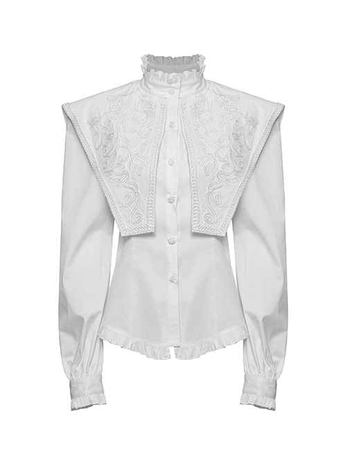 White Vintage Stretch Twill Woven Front Center Three Dimensional Flocking Lace Shawl With Rose Button Gothic Style Wide Shoulder Long Sleeve Shirt