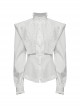 White Vintage Stretch Twill Woven Front Center Three Dimensional Flocking Lace Shawl With Rose Button Gothic Style Wide Shoulder Long Sleeve Shirt
