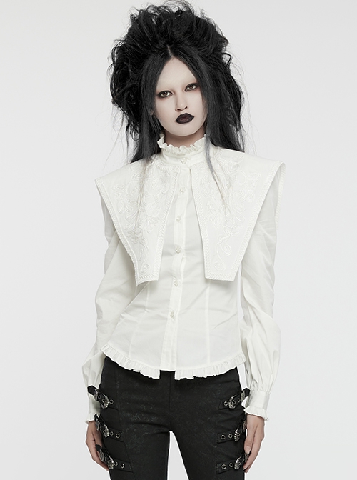 White Vintage Stretch Twill Woven Front Center Three Dimensional Flocking Lace Shawl With Rose Button Gothic Style Wide Shoulder Long Sleeve Shirt