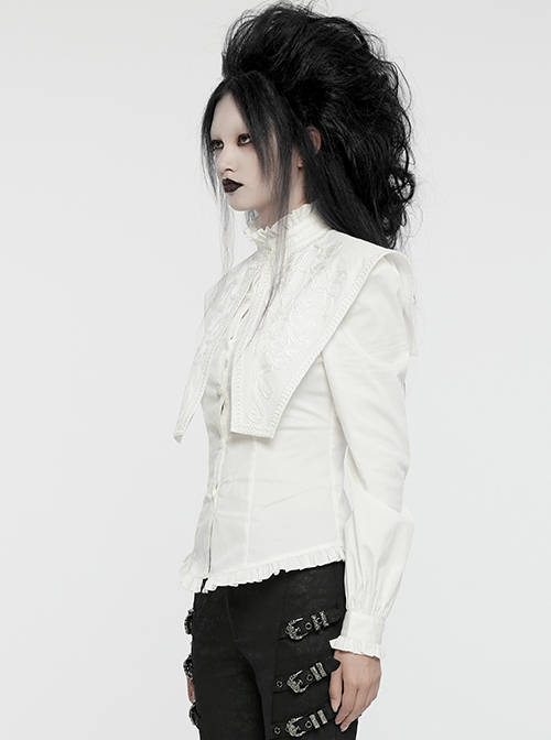 White Vintage Stretch Twill Woven Front Center Three Dimensional Flocking Lace Shawl With Rose Button Gothic Style Wide Shoulder Long Sleeve Shirt