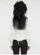 White Vintage Stretch Twill Woven Front Center Three Dimensional Flocking Lace Shawl With Rose Button Gothic Style Wide Shoulder Long Sleeve Shirt