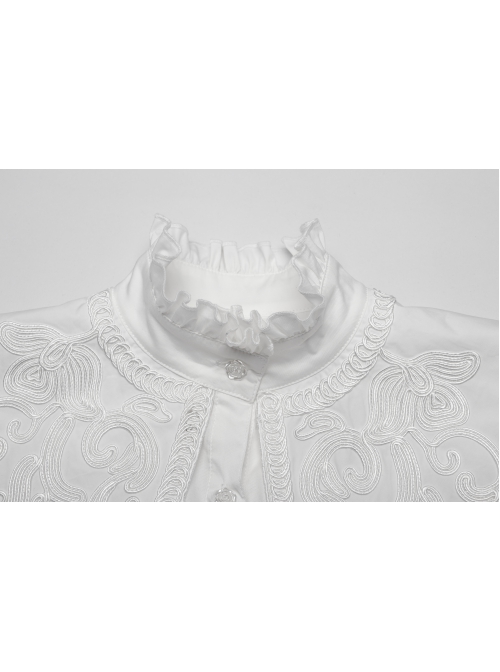 White Vintage Stretch Twill Woven Front Center Three Dimensional Flocking Lace Shawl With Rose Button Gothic Style Wide Shoulder Long Sleeve Shirt