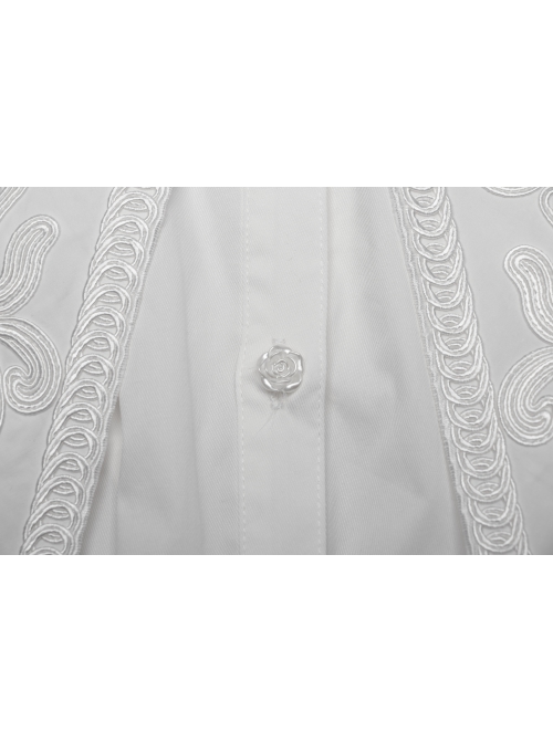 White Vintage Stretch Twill Woven Front Center Three Dimensional Flocking Lace Shawl With Rose Button Gothic Style Wide Shoulder Long Sleeve Shirt