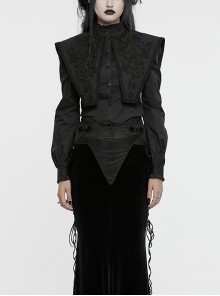 Black Vintage Stretch Twill Woven Front Center Three-Dimensional Flocking Lace Shawl With Rose Button Gothic Style Wide Shoulder Long Sleeve Shirt