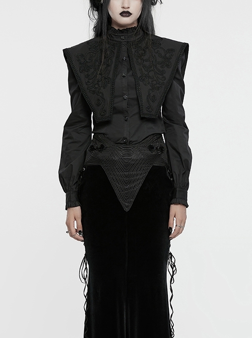 Black Vintage Stretch Twill Woven Front Center Three-Dimensional Flocking Lace Shawl With Rose Button Gothic Style Wide Shoulder Long Sleeve Shirt