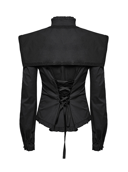 Black Vintage Stretch Twill Woven Front Center Three-Dimensional Flocking Lace Shawl With Rose Button Gothic Style Wide Shoulder Long Sleeve Shirt