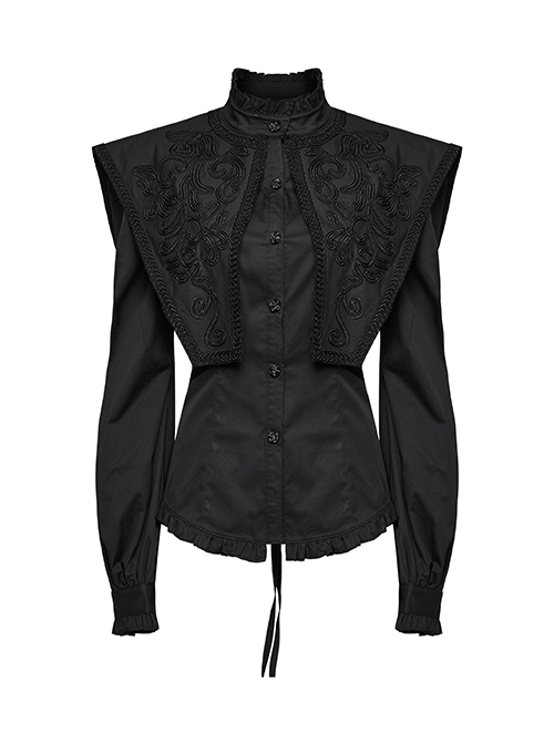Black Vintage Stretch Twill Woven Front Center Three-Dimensional Flocking Lace Shawl With Rose Button Gothic Style Wide Shoulder Long Sleeve Shirt