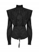 Black Vintage Stretch Twill Woven Front Center Three-Dimensional Flocking Lace Shawl With Rose Button Gothic Style Wide Shoulder Long Sleeve Shirt