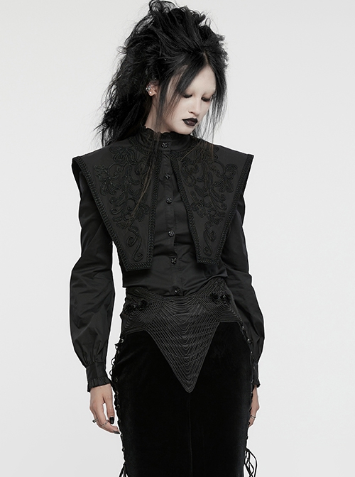 Black Vintage Stretch Twill Woven Front Center Three-Dimensional Flocking Lace Shawl With Rose Button Gothic Style Wide Shoulder Long Sleeve Shirt