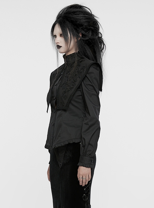 Black Vintage Stretch Twill Woven Front Center Three-Dimensional Flocking Lace Shawl With Rose Button Gothic Style Wide Shoulder Long Sleeve Shirt