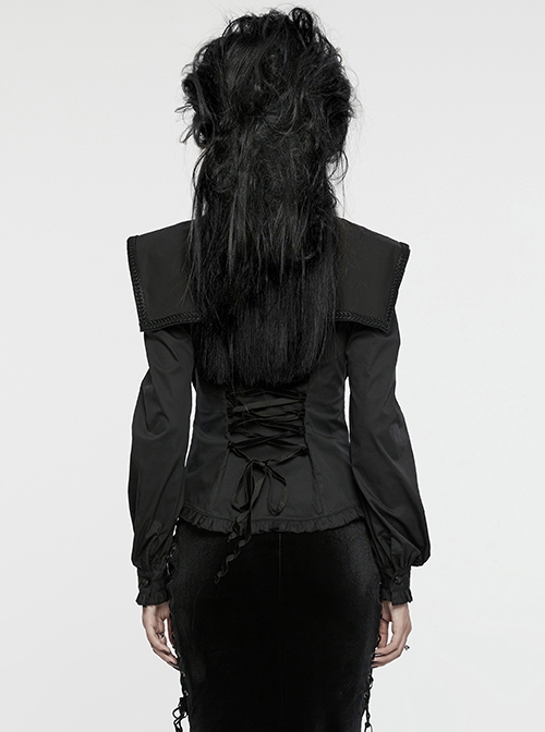 Black Vintage Stretch Twill Woven Front Center Three-Dimensional Flocking Lace Shawl With Rose Button Gothic Style Wide Shoulder Long Sleeve Shirt