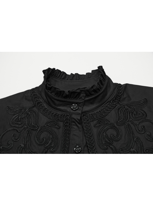 Black Vintage Stretch Twill Woven Front Center Three-Dimensional Flocking Lace Shawl With Rose Button Gothic Style Wide Shoulder Long Sleeve Shirt