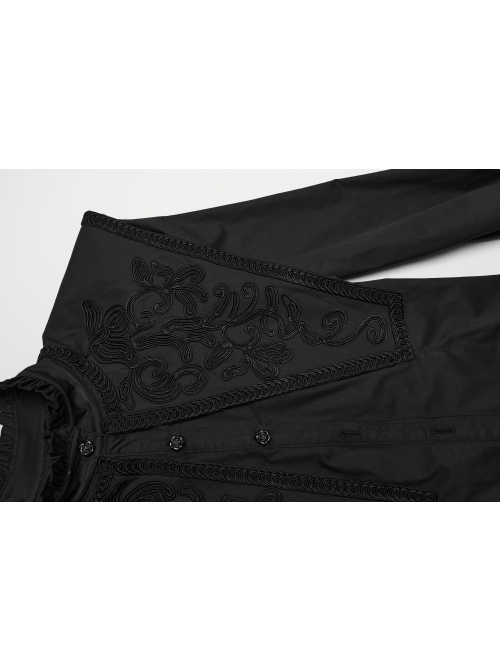 Black Vintage Stretch Twill Woven Front Center Three-Dimensional Flocking Lace Shawl With Rose Button Gothic Style Wide Shoulder Long Sleeve Shirt