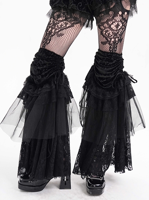 Black Personalized Lace Patchwork Fishtail Pleated Gothic Style Layered Leg Guards