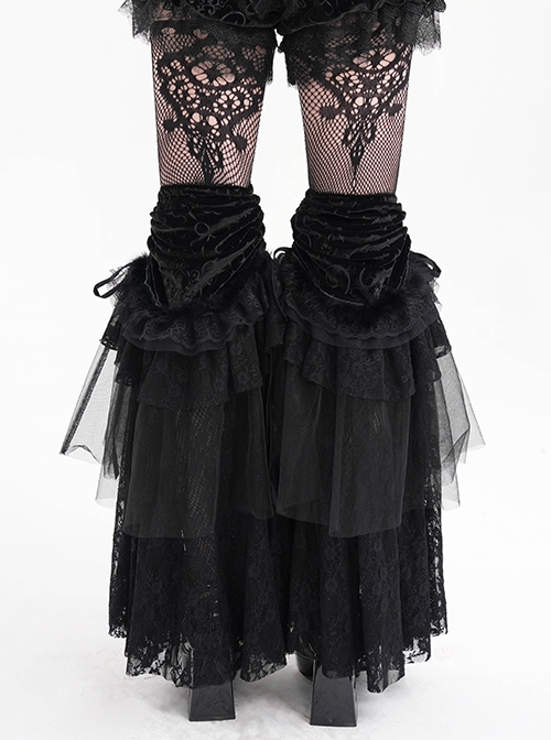Black Personalized Lace Patchwork Fishtail Pleated Gothic Style Layered Leg Guards