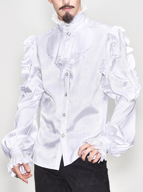 White Jacquard High Collar Flounces Long Sleeves Lace Cuff Gothic Shirt