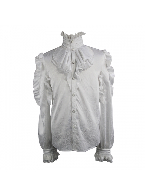 White Jacquard High Collar Flounces Long Sleeves Lace Cuff Gothic Shirt