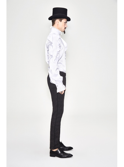 White Jacquard High Collar Flounces Long Sleeves Lace Cuff Gothic Shirt