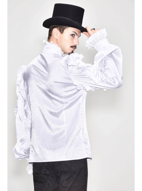 White Jacquard High Collar Flounces Long Sleeves Lace Cuff Gothic Shirt
