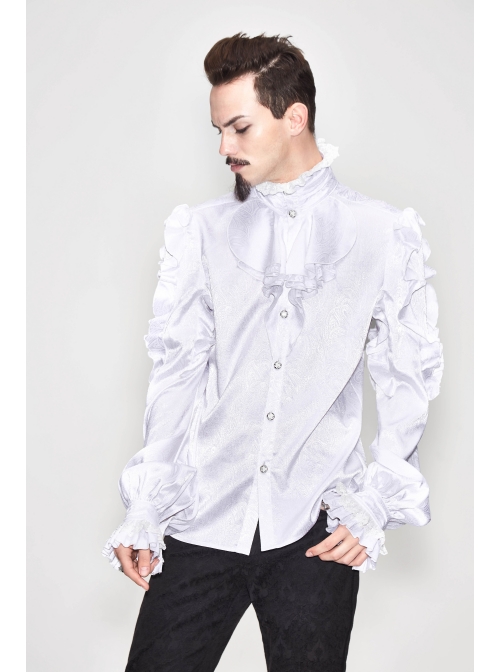 White Jacquard High Collar Flounces Long Sleeves Lace Cuff Gothic Shirt