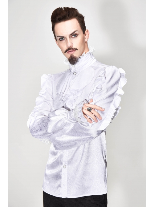 White Jacquard High Collar Flounces Long Sleeves Lace Cuff Gothic Shirt