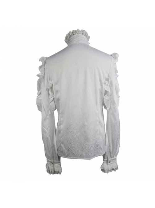 White Jacquard High Collar Flounces Long Sleeves Lace Cuff Gothic Shirt