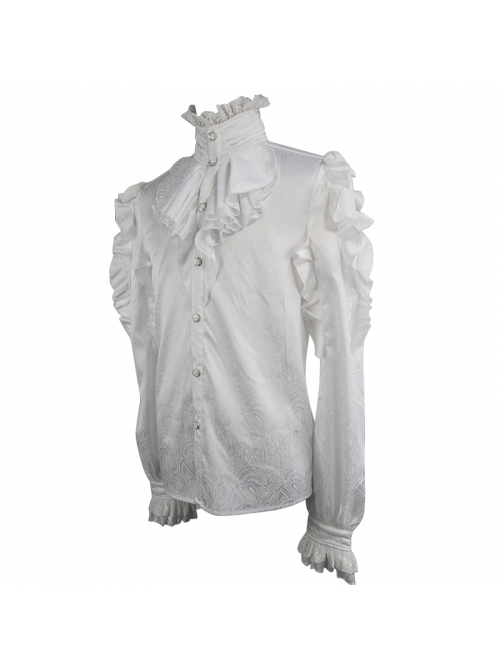 White Jacquard High Collar Flounces Long Sleeves Lace Cuff Gothic Shirt