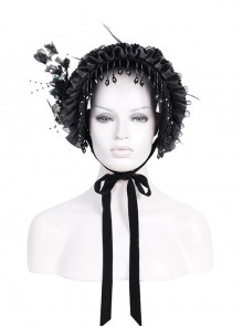 Dark And Elegant Black Pleated Layered Flowers With Glass Pendant Decoration Gothic Style Gorgeous Dress Hat
