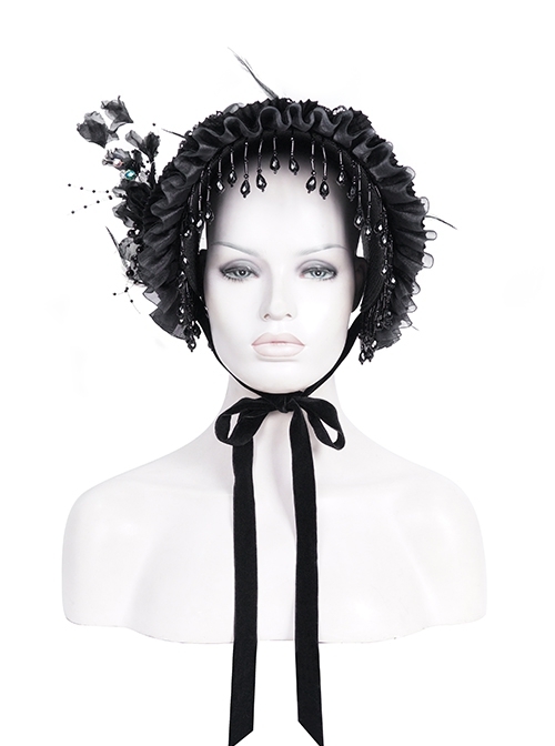Dark And Elegant Black Pleated Layered Flowers With Glass Pendant Decoration Gothic Style Gorgeous Dress Hat