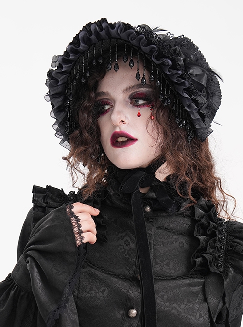Dark And Elegant Black Pleated Layered Flowers With Glass Pendant Decoration Gothic Style Gorgeous Dress Hat