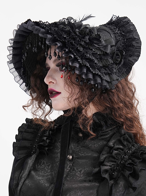 Dark And Elegant Black Pleated Layered Flowers With Glass Pendant Decoration Gothic Style Gorgeous Dress Hat
