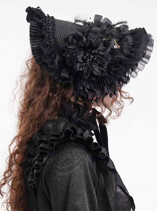 Dark And Elegant Black Pleated Layered Flowers With Glass Pendant Decoration Gothic Style Gorgeous Dress Hat