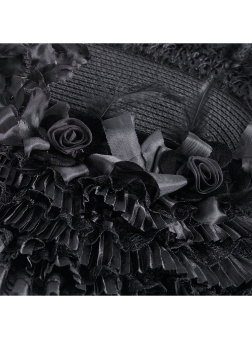 Dark And Elegant Black Pleated Layered Flowers With Glass Pendant Decoration Gothic Style Gorgeous Dress Hat