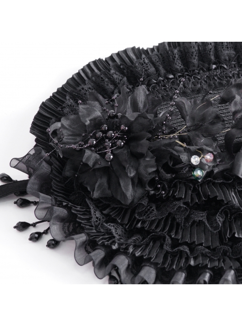 Dark And Elegant Black Pleated Layered Flowers With Glass Pendant Decoration Gothic Style Gorgeous Dress Hat