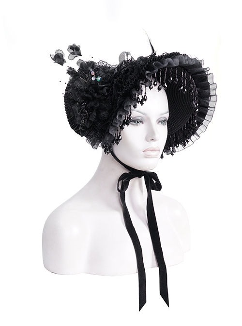 Dark And Elegant Black Pleated Layered Flowers With Glass Pendant Decoration Gothic Style Gorgeous Dress Hat