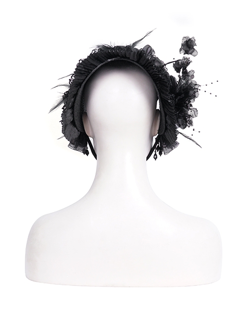 Dark And Elegant Black Pleated Layered Flowers With Glass Pendant Decoration Gothic Style Gorgeous Dress Hat