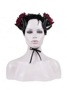 Halloween Black Devil Horns With Red Flowers Gothic Style Dark Headband Headdress