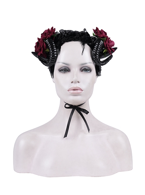 Halloween Black Devil Horns With Red Flowers Gothic Style Dark Headband Headdress
